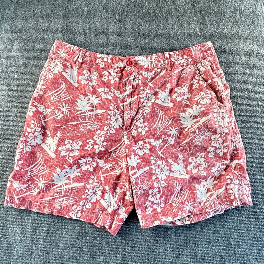 Izod Saltwater Mens 36 Red Tropical Floral Sailboat Print Shorts 7 Inch Inseam